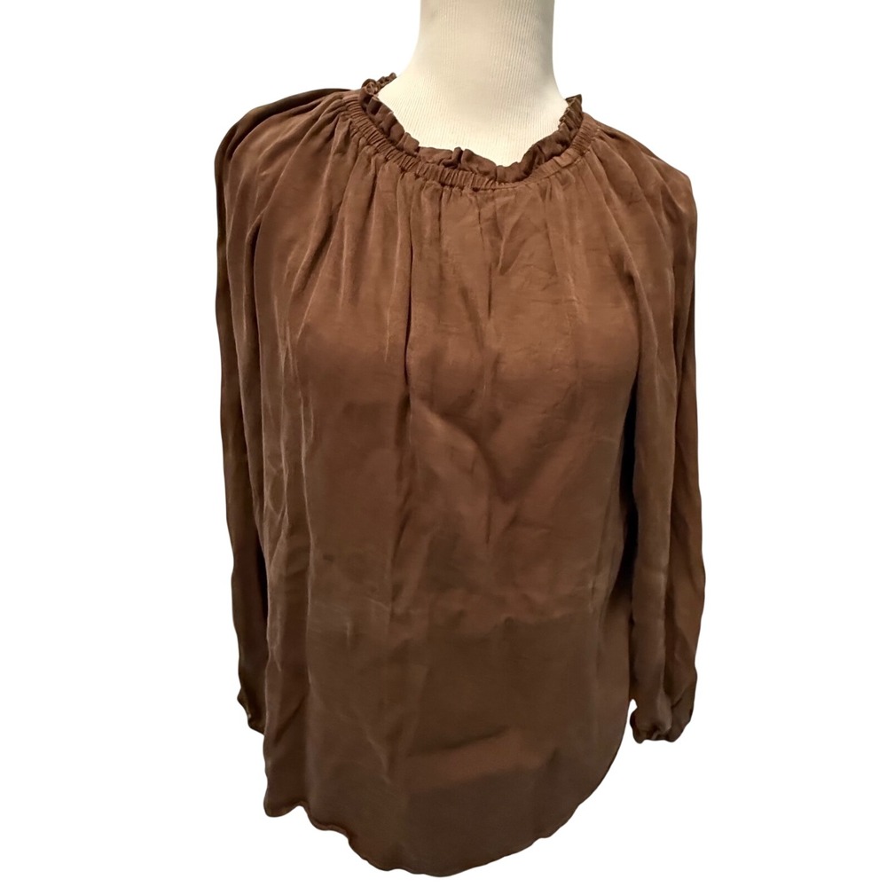 Cloth & Stone Brown Cupro Rayon Ruffle Neck Blouse M C4757-A91-302